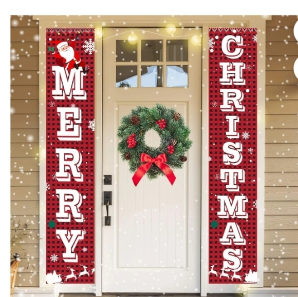 New Merry Christmas Banner Set Buffalo Plaid Photo Op Decoration - Picture 8 of 14